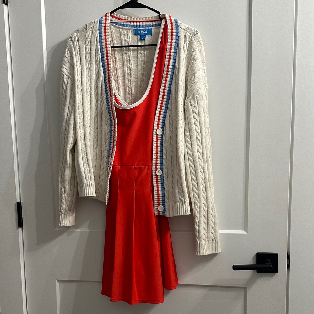 Prince Red Dress with Cream Cable Cardigan